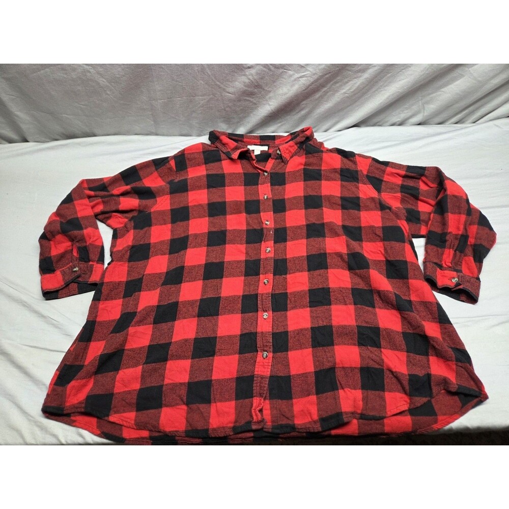 Woman Within Womens 3X Button-Up Shirt Tunic Red Black Woven Cotton Collared